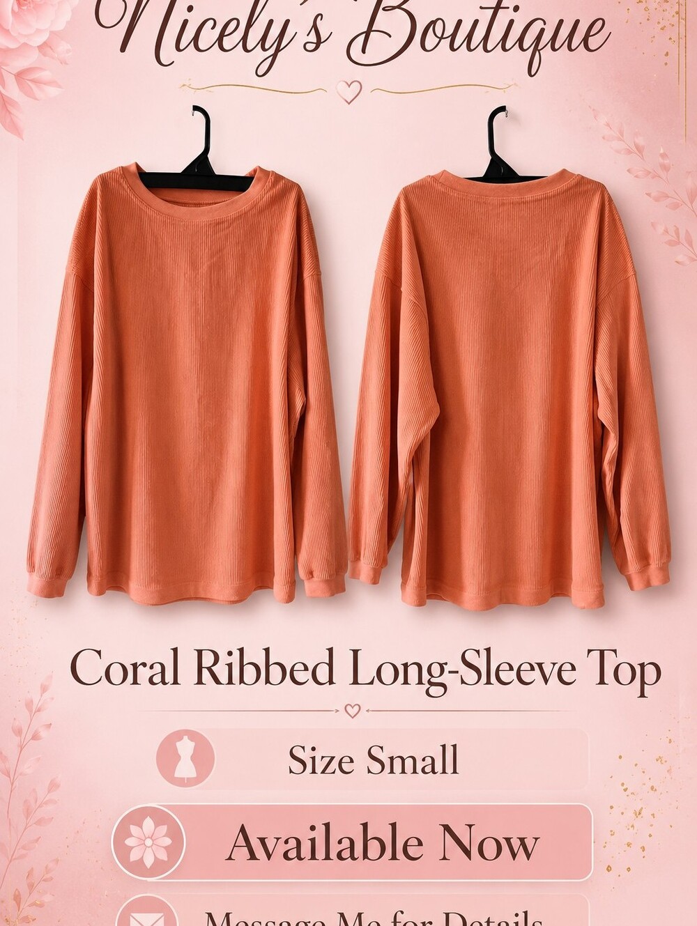 Coral Ribbed Long-Sleeve Top